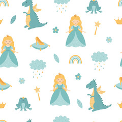 A princess with a dragon. Seamless children's pattern. Magic wand, rainbow, rain cloud,princess slipper, crown, flowers, frog princess. Vector illustration - obrazy, fototapety, plakaty