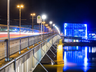  ARS Electronica Center in Linz, Nibelungen Bridge and Danube, Austria, illuminated at night
