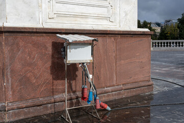 Temporary mobile outdoor distribution station. Electric switchboard.