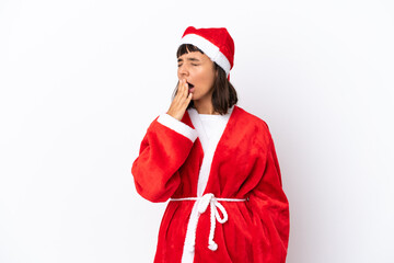 Young mixed race woman disguised as Santa Claus isolated on white background yawning and covering wide open mouth with hand