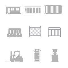 Construction equipment icons / graphics - mobile office - roll off open top dumpster, storage container - barricade - temporary fence - event fence - forklift - portable toilet - hand wash station