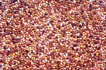 texture with multi-colored stones. objects of different colors on a green background. multicolored pebbles