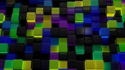 Random colorful glow glass square tile floor (3D Rendering)