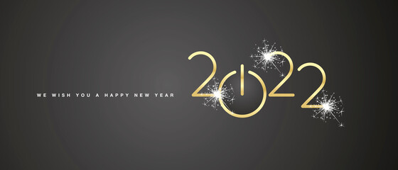 Fototapeta na wymiar We wish you a Happy New Year 2022 golden shining rounded typography black background banner and turn on start button