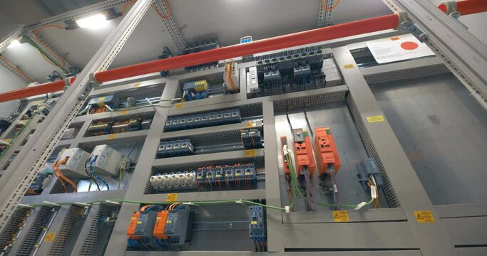 Electrical box with many wires, electrical parts, automatic switches, breakers, residual current devices, fuses, terminals 