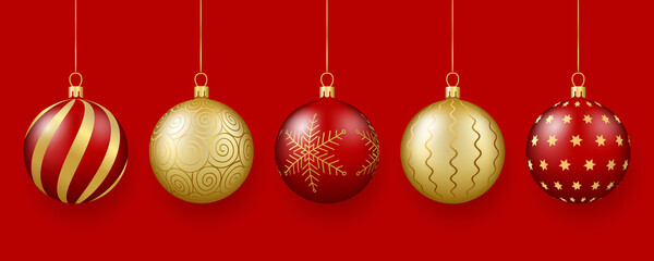 Christmas and New Year decor. Set of gold and red glass balls with an ornament. 3d realistic.