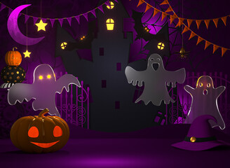 Halloween dark purple background, holiday, dancing, fun, Jack's pumpkin head in a witch's lilac cap, crescent moon, empty black castle, flying ghosts, 3D rendering