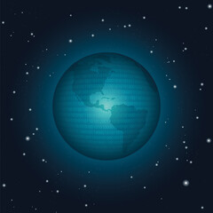 Digital planet earth with binary code, ones and zeros, symbol for worldwide connected artificial intelligence and global digital communication. Vector illustration on starry night background.
