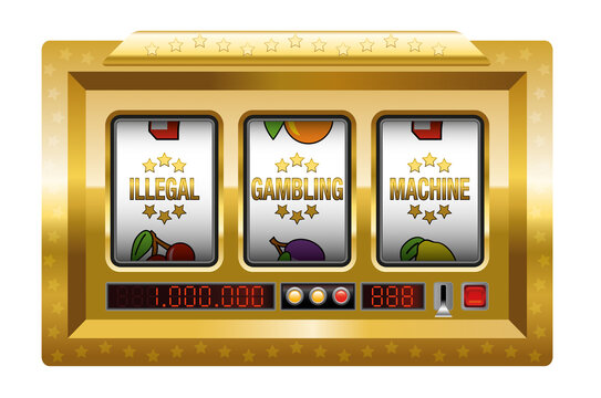Illegal gambling machines - golden slot machine with three reels lettering ILLEGAL GAMBLING MACHINE. Isolated vector illustration on white background.

