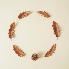 Autumn wreath made of dried oak leaves and pine cone on pastel cream background. Creative minimal fall concept with copy space.