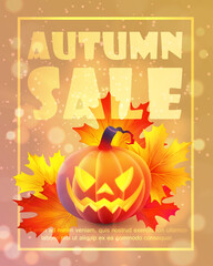 Autumn, Halloween sale poster, banner with luminous, luminescent orange pumpkin with with bokeh, maple leaves. Light yellow background. Vector illustration. 