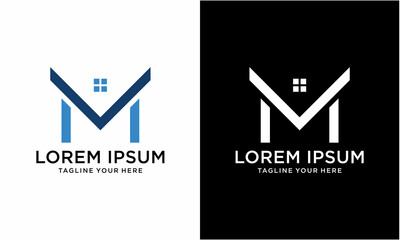 Line art logo icon of Home or house with alphabet letter M on a white and black background.