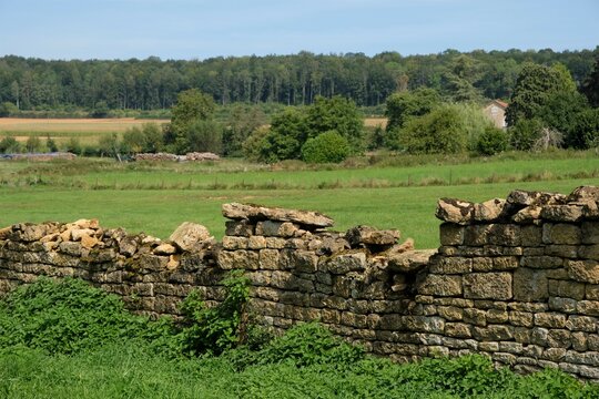 Vieux mur de pierre devant un paysage rural de Gaume dans le sud de la Belgique