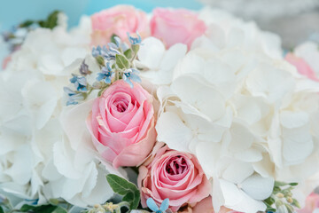 bouquet flowers background white hydrangea flowers and pink roses.