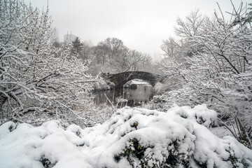 Gapstow Bridge in Central Park snow storm
