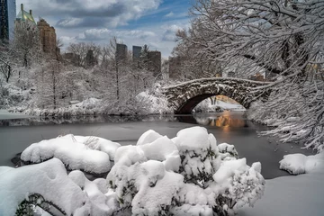 Deurstickers Gapstow Brug Gapstow Bridge in Central Park sneeuwstorm