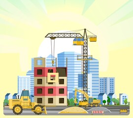 Construction of large city buildings. Residential houses and industrial objects. Lifting crane. Sunrise. Modern technologies and equipment. Illustration vector