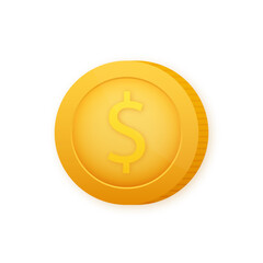 Coin with Dollar symbol. Gold cartoon coin. Vector illustration.