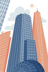 Naklejka premium Cartoon modern city in flat hand drawn style. Urban cityscape with skyscrapers, urban property. Vector illustration vertical panorama, modern cityscape.