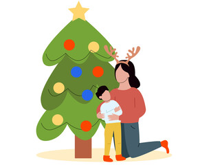 mom and baby are standing near the Christmas tree. In anticipation of the holiday. Christmas tree, holiday, mom and son. Vector illustration