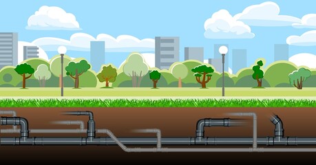 Pipeline for various purposes. Engineering city structures. Underground part of system. Illustration vector