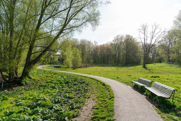 Trees and paths in Rembrandtpark in Amsterdam, a large park in the west of the city.