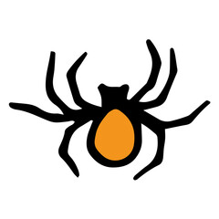 an orange spider with a black outline is drawn in the style of doodles. Spider top view icon isolated on white background for Halloween design template