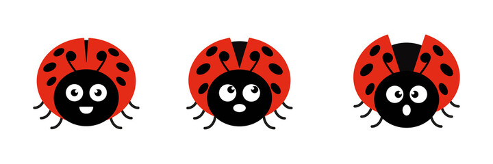 Ladybugs cute characters set. Ladybirds insects flying with open wings. Vector isolated on white