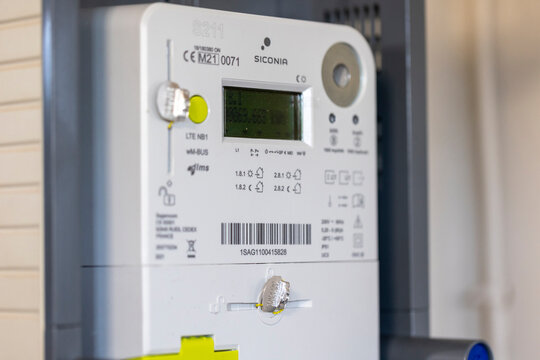 Brecht, Belgium - October 1: Close up of a new installed Belgian digital electricity kilowatt hour meter. The measurement device is used by the provider to calculate the correct bill for the customer.