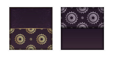 Fototapeta na wymiar Greeting card in burgundy color with abstract gold pattern for your design.