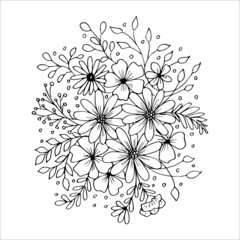 Нand drawn bouquet of flowers in doodle or sketch style, black and white vector illustration