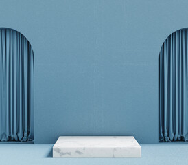 Marble podium, blue wall, two frame and two blue curtain