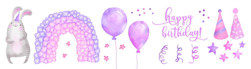 Birthday Watercolor party set for invitation and greeting cards. Hand drawn vintage celebration objects: air balloons, stars, hats. Rainbow and cute cartoon baby bunny in pink and purple colors.