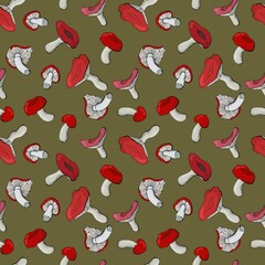 Seamless pattern with russula mushrooms. Design for fabric, textile, packaging, wallpaper.	