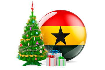 Christmas and New Year in Ghana, concept. Christmas tree and gift boxes with Ghanaian flag, 3D rendering