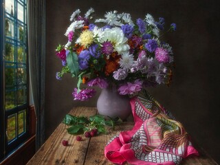 Still life with splendid bouquet of garden flowers
