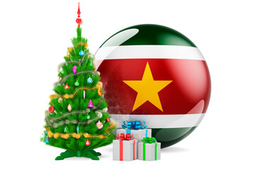Christmas and New Year in Suriname, concept. Christmas tree and gift boxes with Surinamese flag, 3D rendering