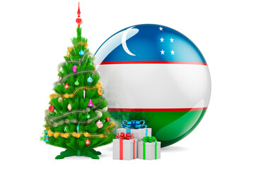 Christmas and New Year in Uzbekistan, concept. Christmas tree and gift boxes with Uzbek flag, 3D rendering