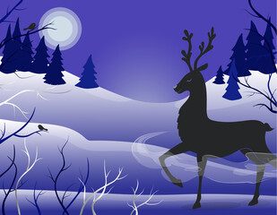 Obraz na płótnie Canvas Deer in the forest with snow in the winter season. Night fairy forest. Christmas card.