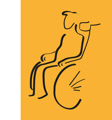 Black drawing on a colored background of a person sitting in a wheelchair