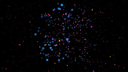 Abstract multicolored confetti randomly move in endless space. Beautiful background. 3d render. 4K. Isolated black background.