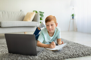 Smart boy schooler watching educational course on laptop