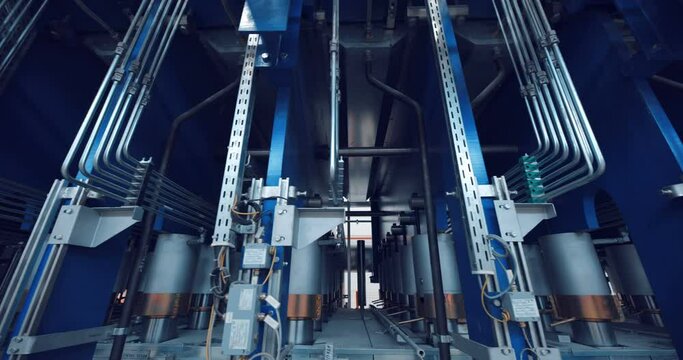 In a woodworking plant, an industrial line of equipment where rows of metal pipes that can withstand a lot of pressure do a specific job in the production 