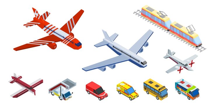 set of airplane cars and tram with bus. drawing in
