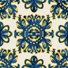 Seamless abstract vibrant blue and yellow pattern for print. High quality illustration. Textured background effect graphic motif. Vivid party glowing effect. Seamless repeat raster jpg pattern print.