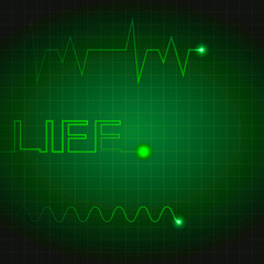 Electrocardiogram, heart impulse signals, signal indicating life with grid and impulse waves. Concept of life, medical recovery	