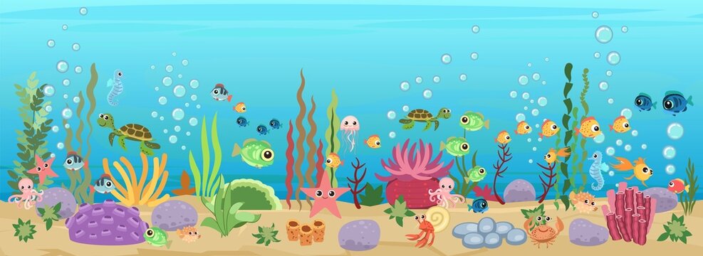 Bottom of reservoir with fish. Blue water. Sea ocean. Uorizontal. Underwater landscape with animals. plants, algae and corals. Illustration in cartoon style. Flat design. Vector art