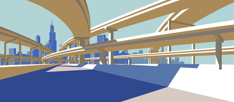 Highway overpass and city skyline in sun light