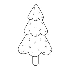 Black and white drawing of a Christmas tree. A doodle of a stylized tree. Vector contour illustration of a fir tree in cartoon style for coloring, print, logo, icon, sticker and design with nature