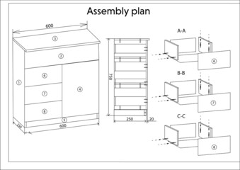 Furniture assembly plan on white background, illustration
